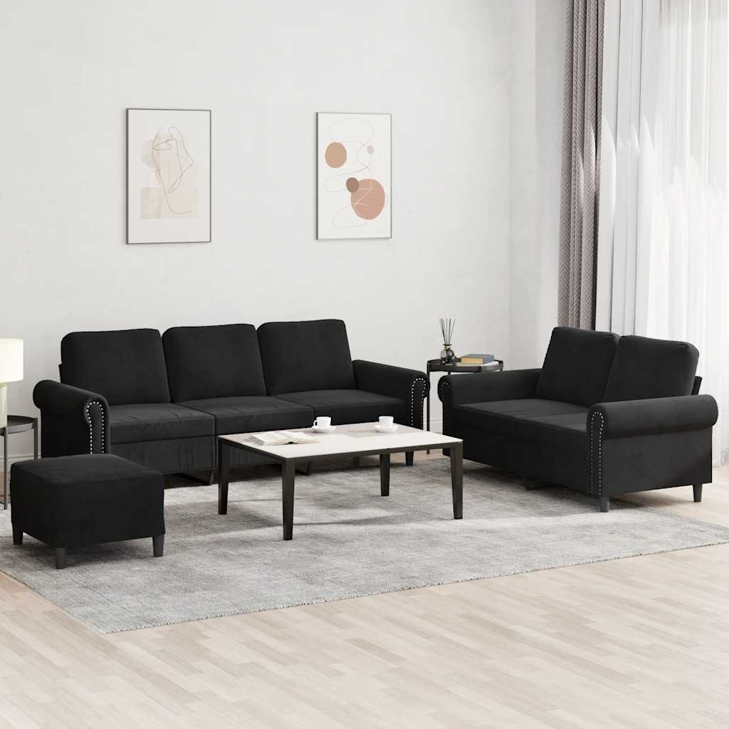3-delige Loungeset met kussens fluweel zwart – afbeelding 1