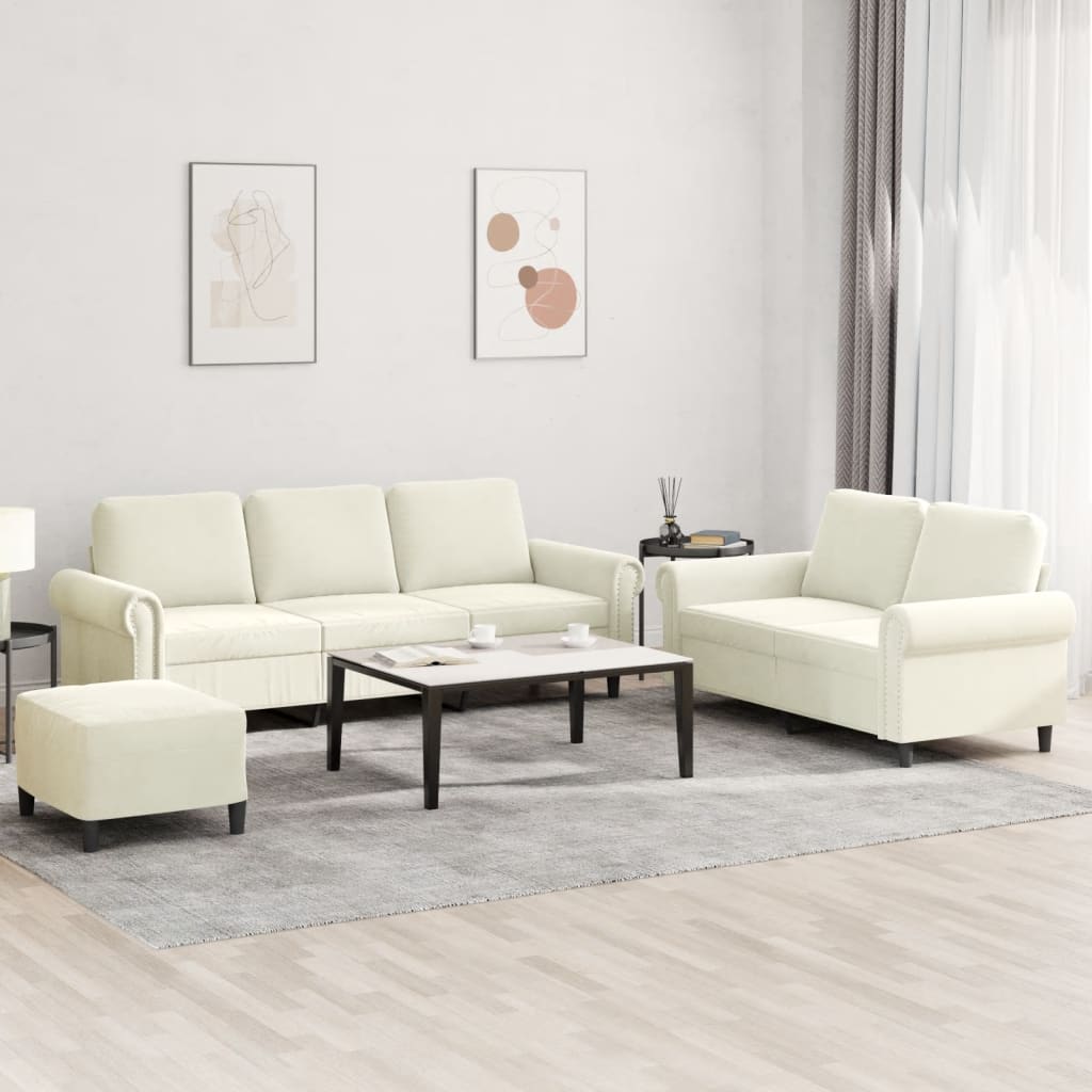 3-delige Loungeset met kussens fluweel crèmekleurig – afbeelding 1