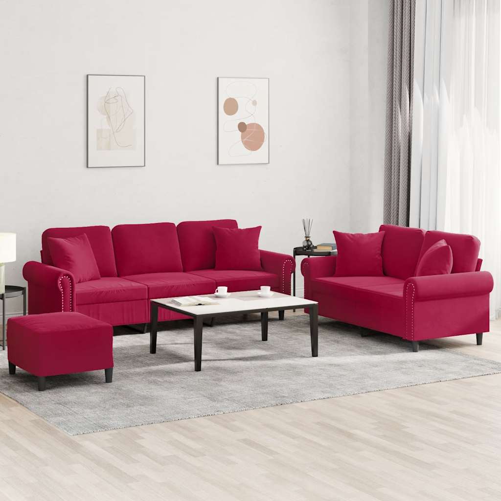 3-delige Loungeset met kussens fluweel wijnrood – afbeelding 1