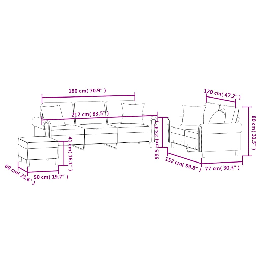 3-delige Loungeset met kussens fluweel wijnrood – afbeelding 10
