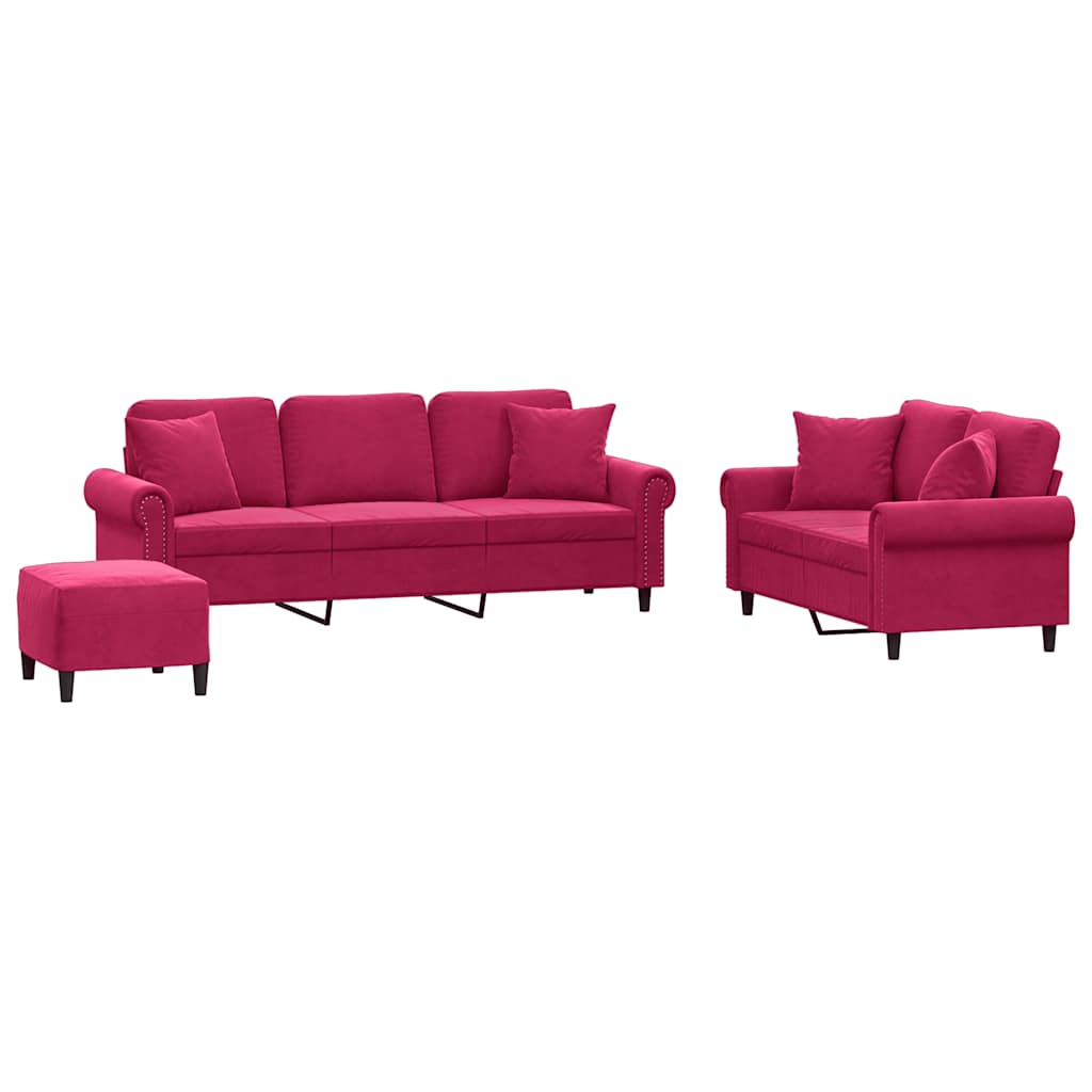 3-delige Loungeset met kussens fluweel wijnrood – afbeelding 2