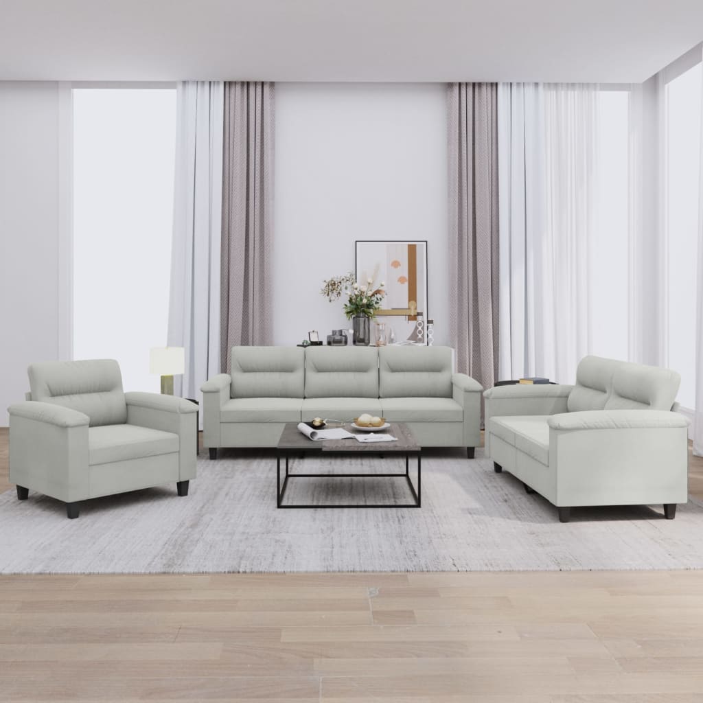 3-delige Loungeset met kussens microvezelstof lichtgrijs