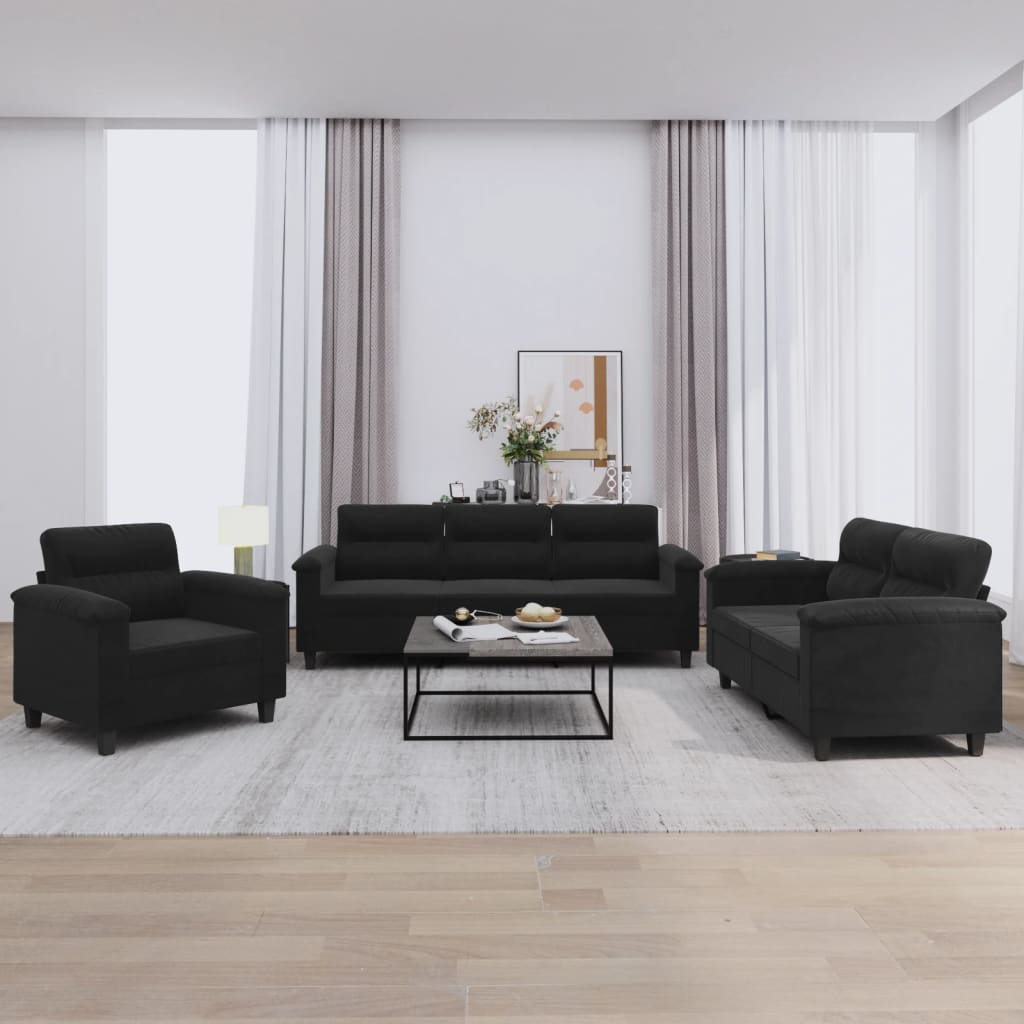 3-delige Loungeset met kussens microvezelstof zwart