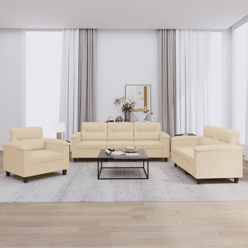 3-delige Loungeset met kussens microvezelstof crèmekleurig – afbeelding 1