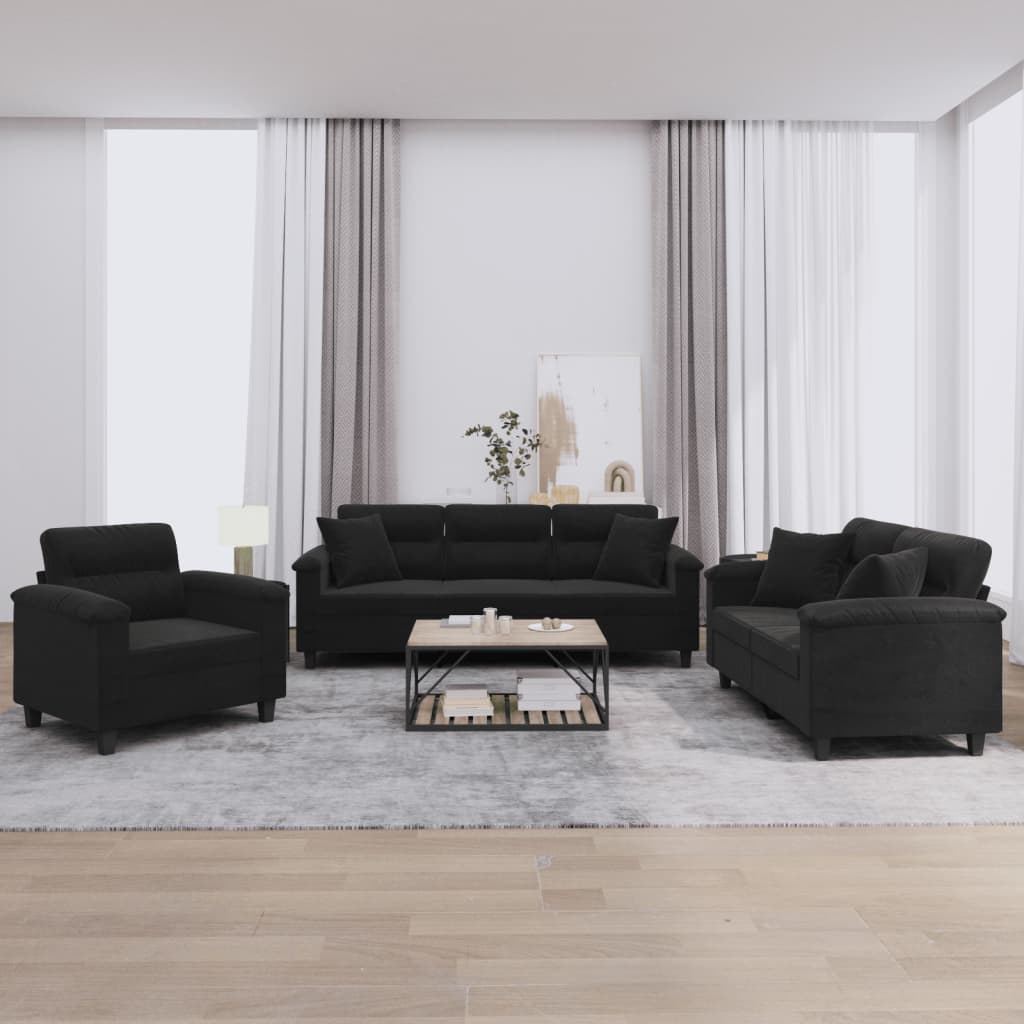 3-delige Loungeset met kussens microvezelstof zwart
