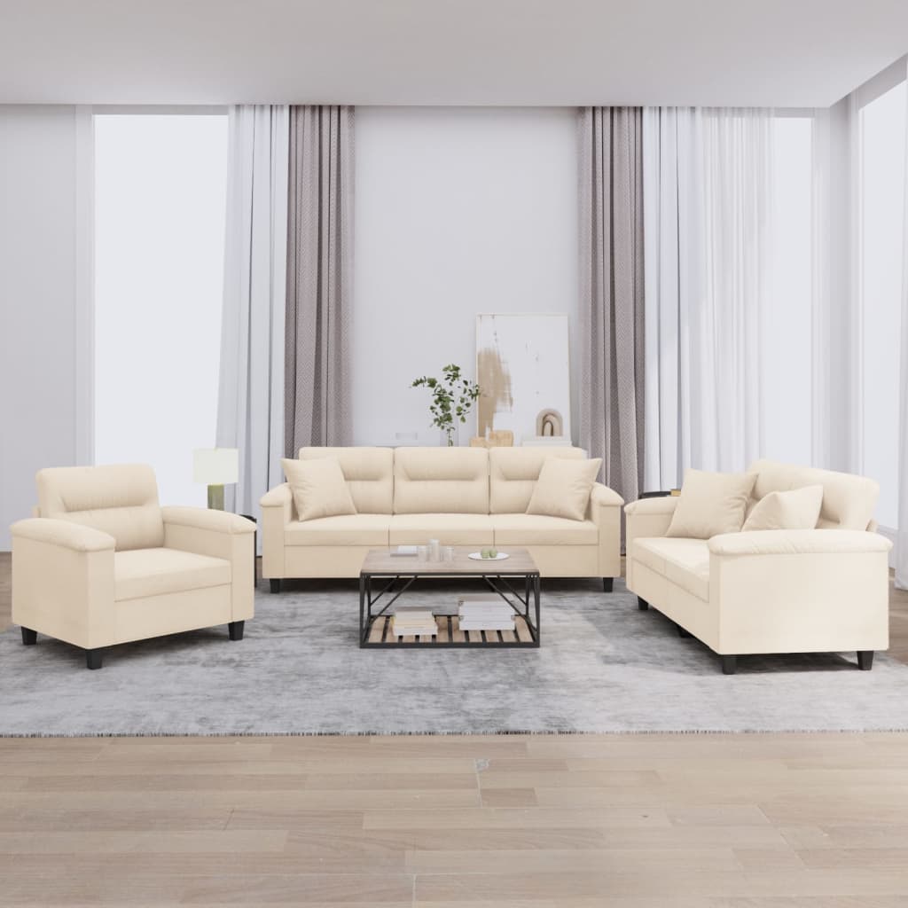 3-delige Loungeset met kussens microvezelstof beige – afbeelding 1