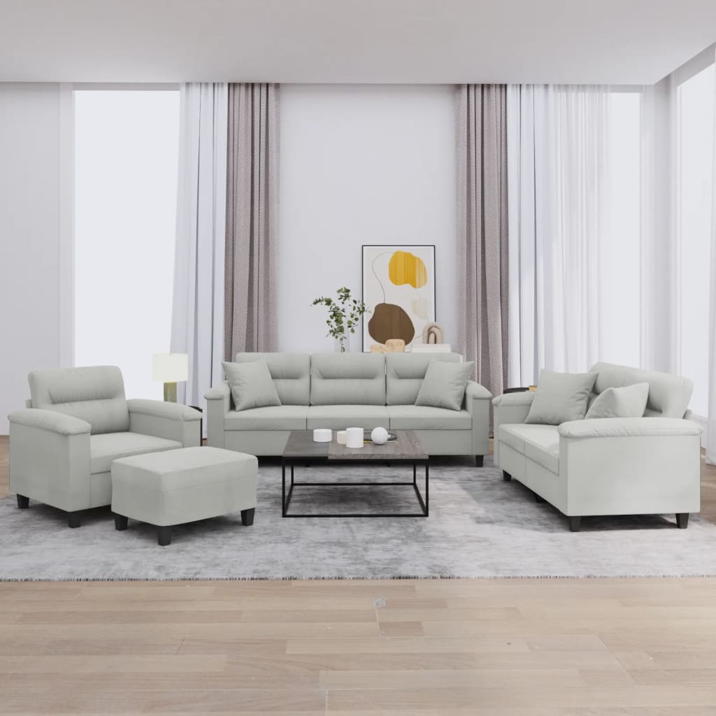 4-delige Loungeset met kussens microvezelstof lichtgrijs