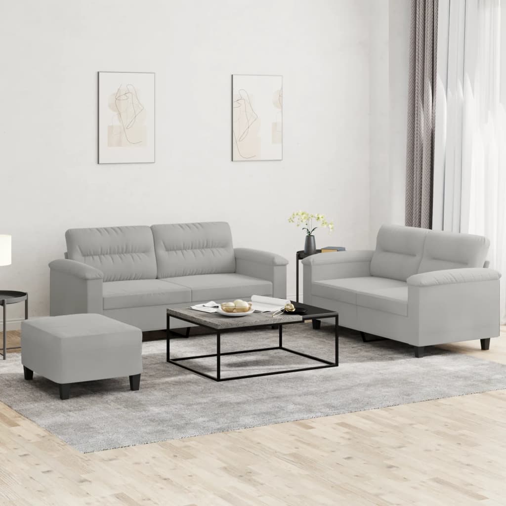 3-delige Loungeset met kussens microvezelstof lichtgrijs – afbeelding 1