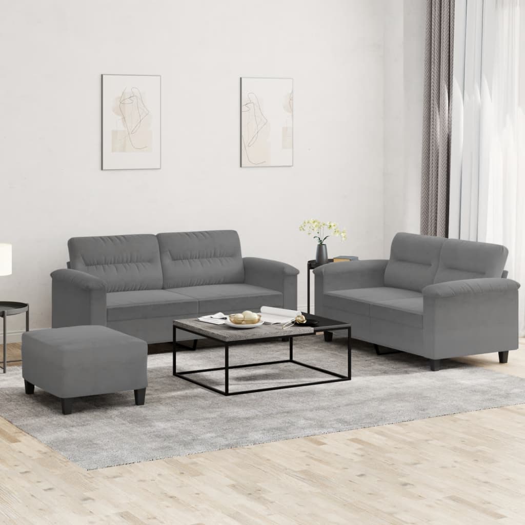 3-delige Loungeset met kussens microvezelstof donkergrijs – afbeelding 1