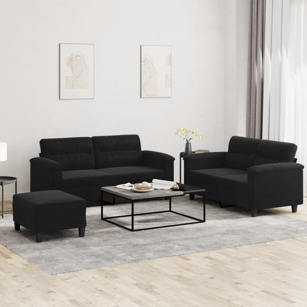 3-delige Loungeset met kussens microvezelstof zwart – afbeelding 1