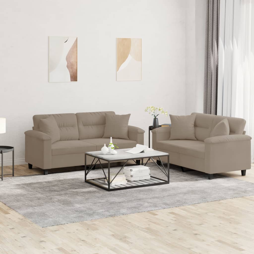 2-delige Loungeset met kussens microvezelstof taupe – afbeelding 1