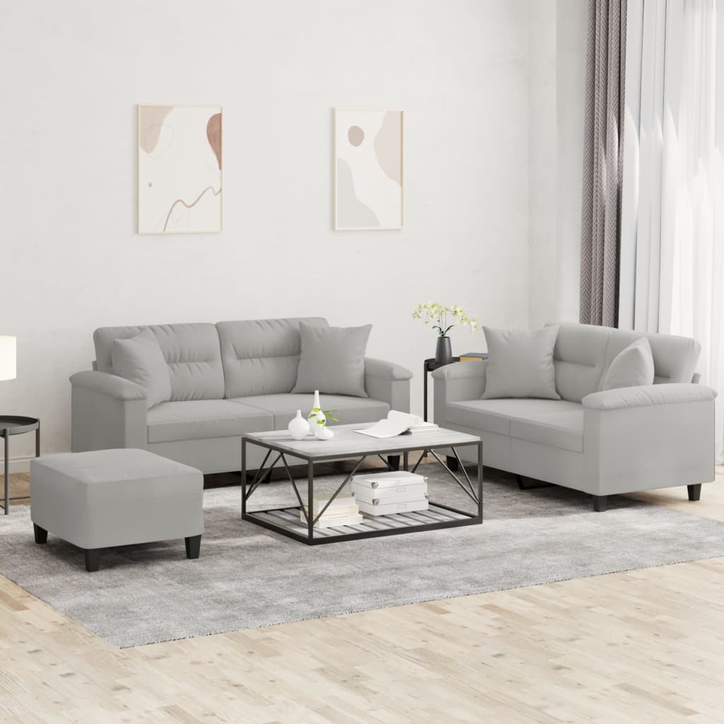 3-delige Loungeset met kussens microvezelstof lichtgrijs