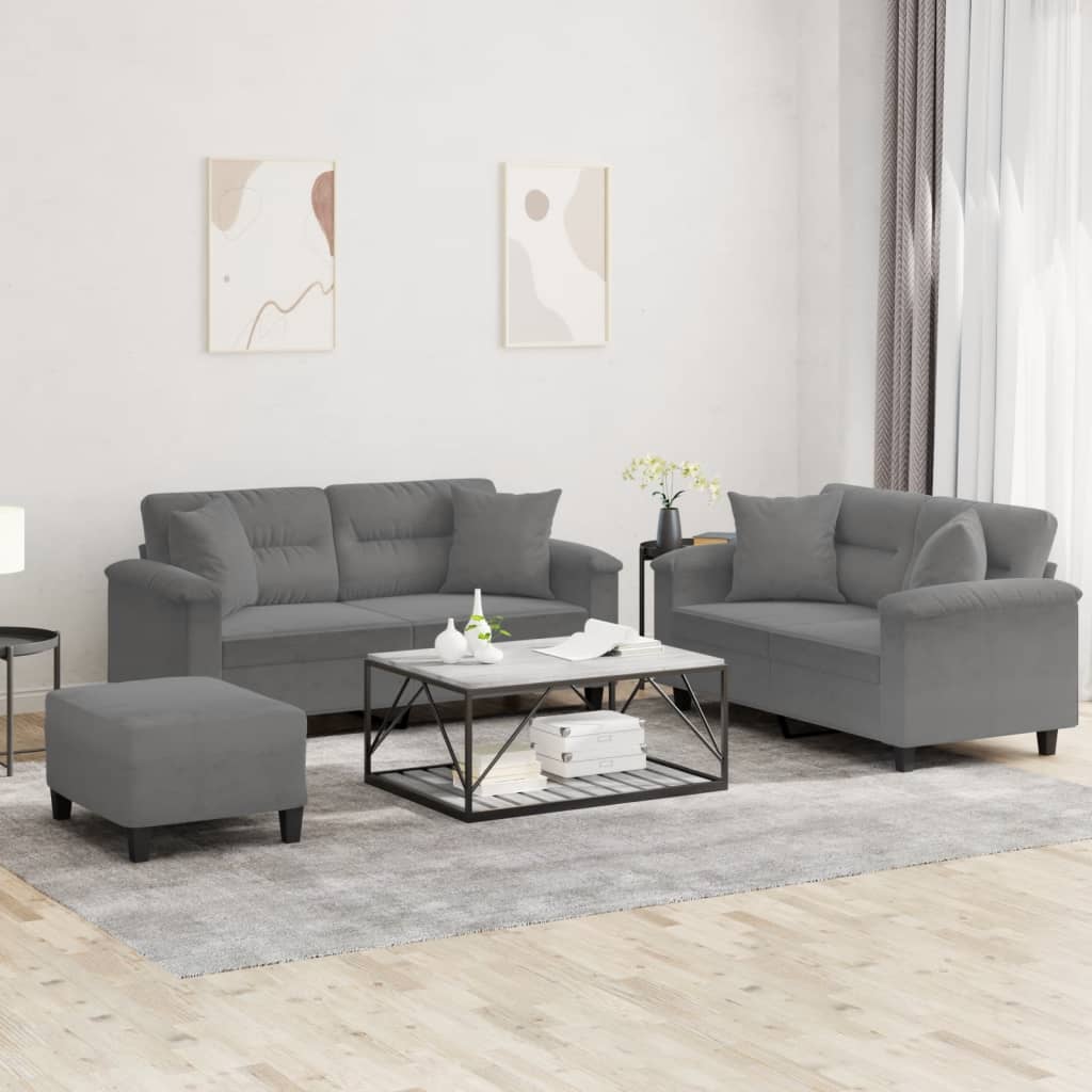 3-delige Loungeset met kussens microvezelstof donkergrijs