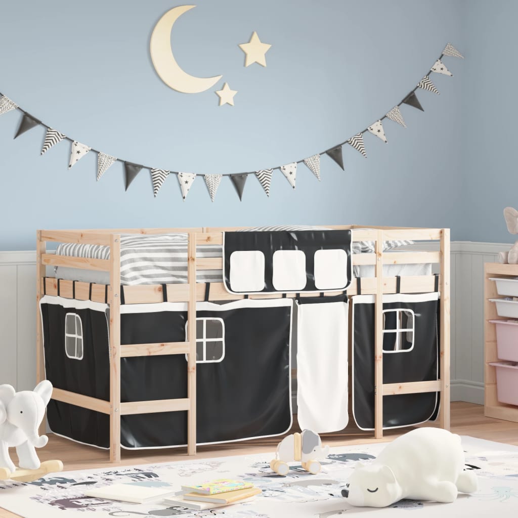 Kinderhoogslaper met gordijnen 90x190 cm grenenhout wit zwart – afbeelding 1