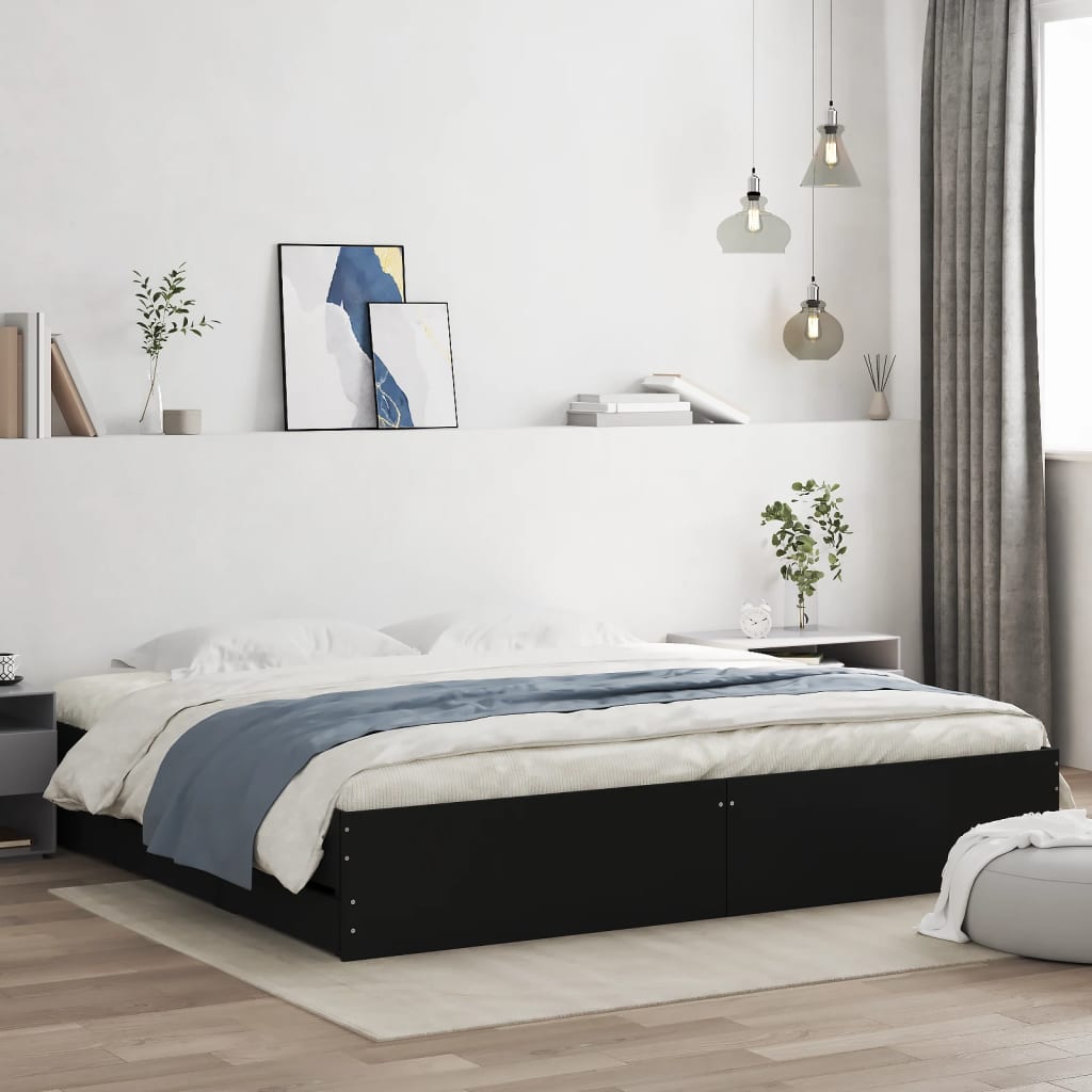 Bedframe met lades bewerkt hout zwart 200x200 cm – afbeelding 1