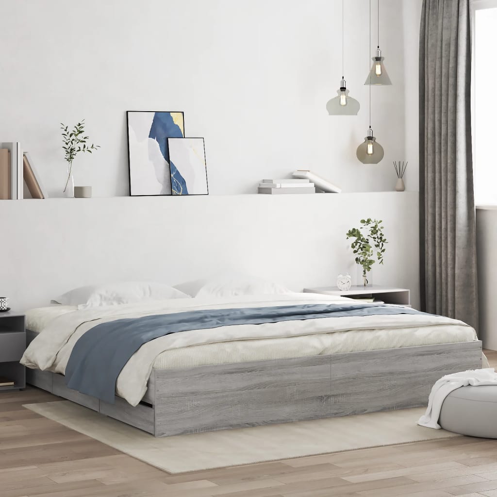 Bedframe met lades bewerkt hout grijs sonoma eiken 200x200 cm – afbeelding 1