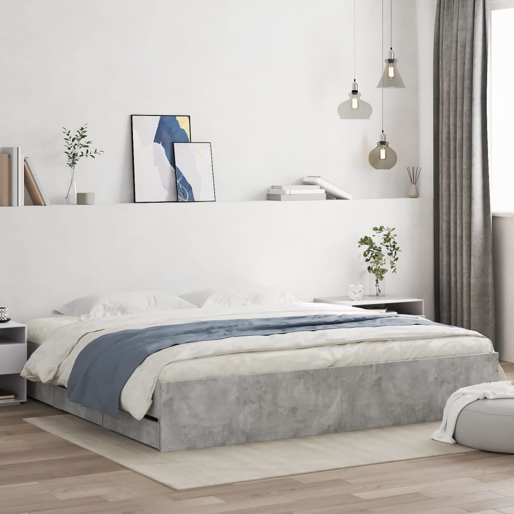 Bedframe met lades bewerkt hout betongrijs 180x200 cm – afbeelding 1