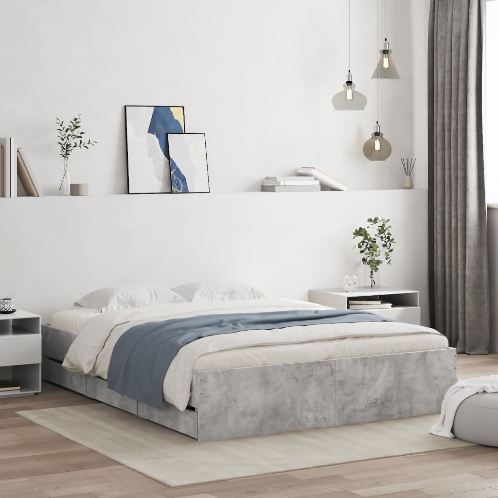Bedframe met lades bewerkt hout betongrijs 150x200 cm – afbeelding 1