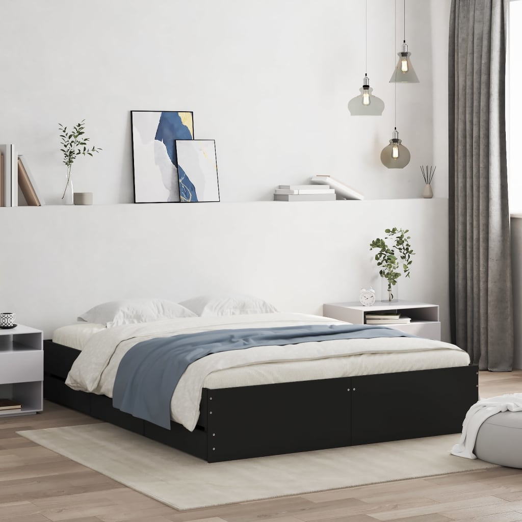 Bedframe met lades bewerkt hout zwart 140x200 cm – afbeelding 1