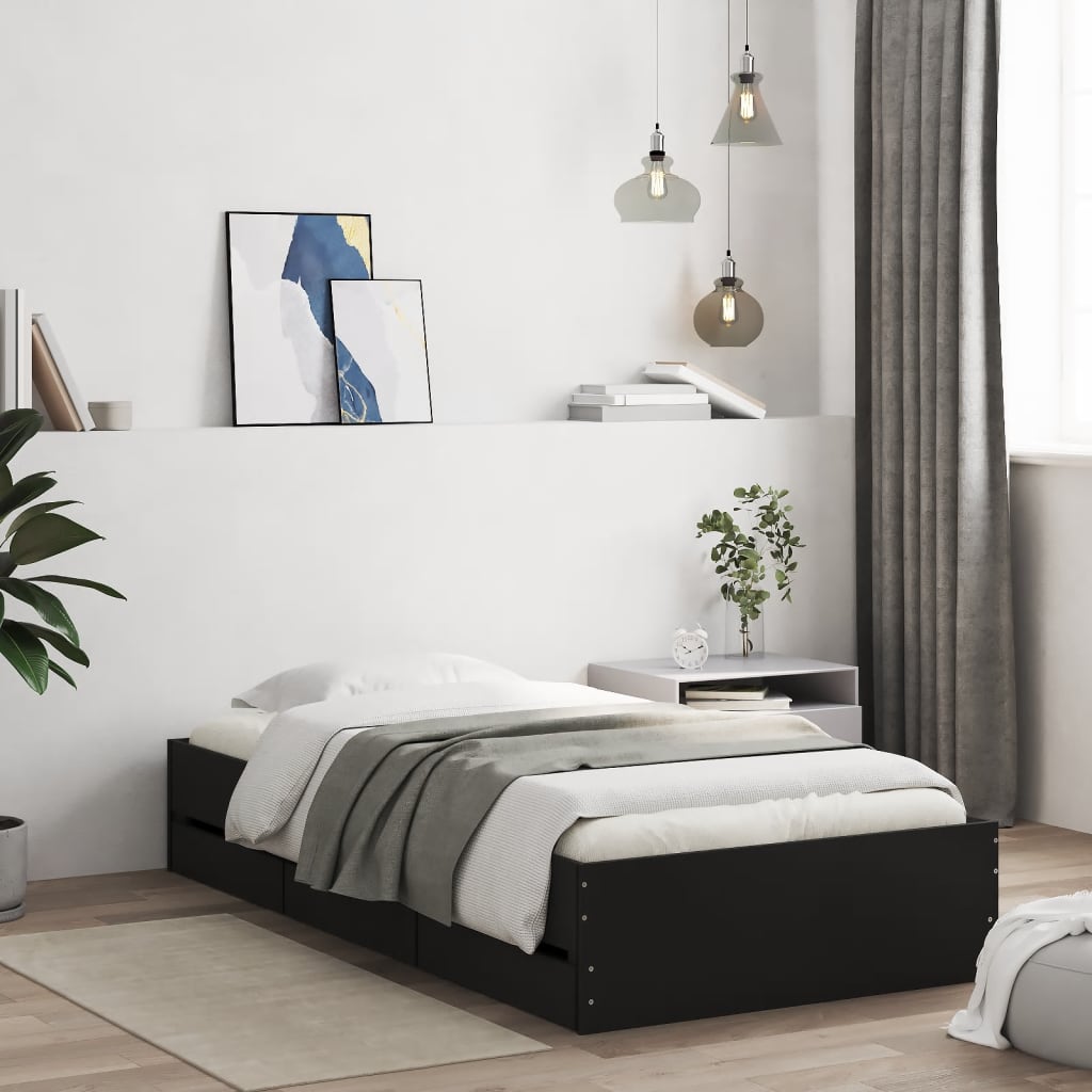 Bedframe met lades bewerkt hout zwart 100x200 cm – afbeelding 1