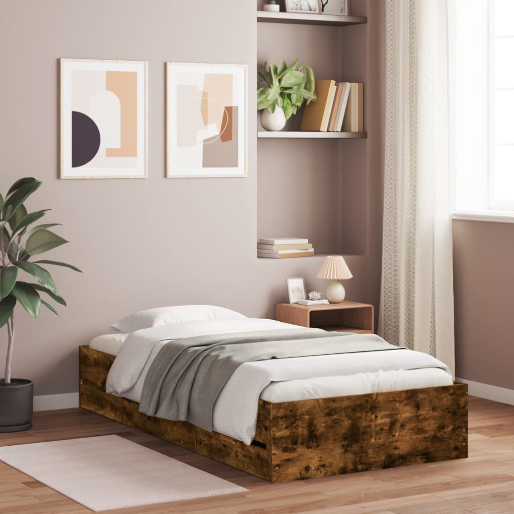 Bedframe met lades bewerkt hout gerookt eikenkleurig 90x200 cm – afbeelding 1