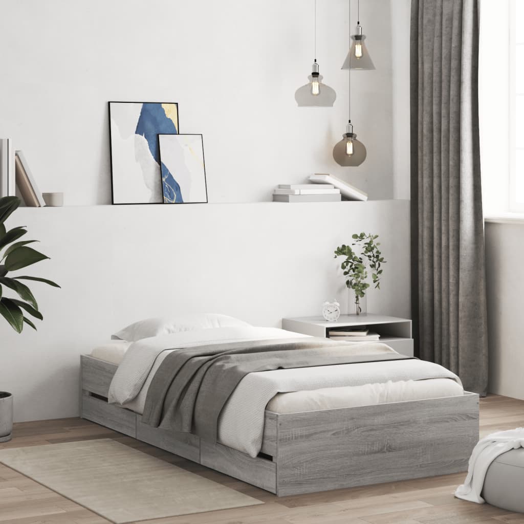 Bedframe met lades bewerkt hout grijs sonoma eiken 90x200 cm – afbeelding 1