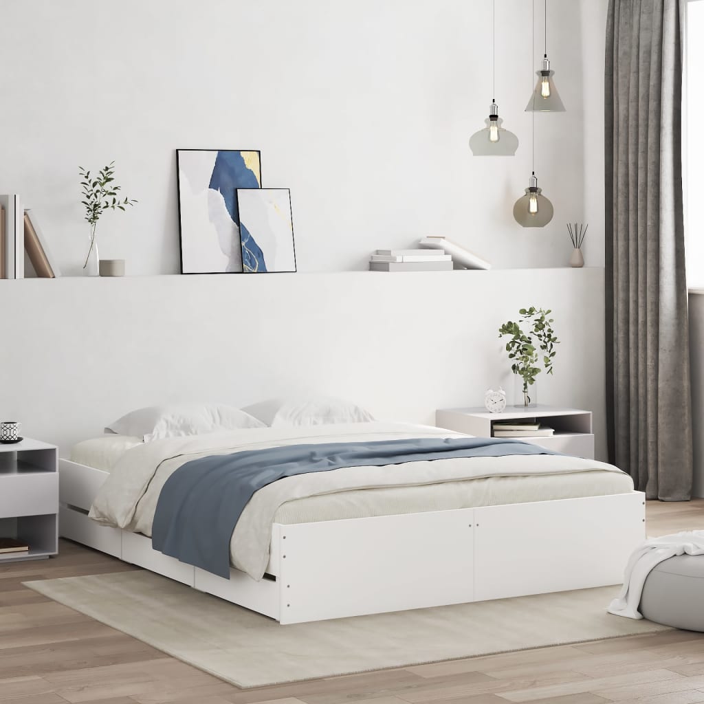 Bedframe met lades bewerkt hout wit 140x190 cm – afbeelding 1