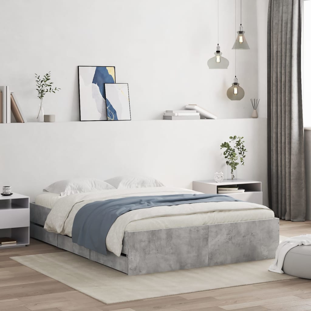 Bedframe met lades bewerkt hout betongrijs 135x190 cm – afbeelding 1