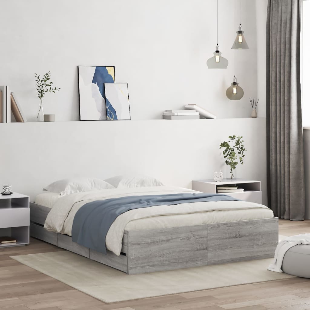 Bedframe met lades bewerkt hout grijs sonoma eiken 135x190 cm – afbeelding 1