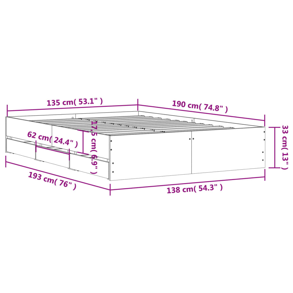 Bedframe met lades bewerkt hout bruin eikenkleur 135x190 cm – afbeelding 11
