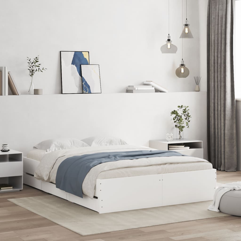 Bedframe met lades bewerkt hout wit 120x190 cm – afbeelding 1