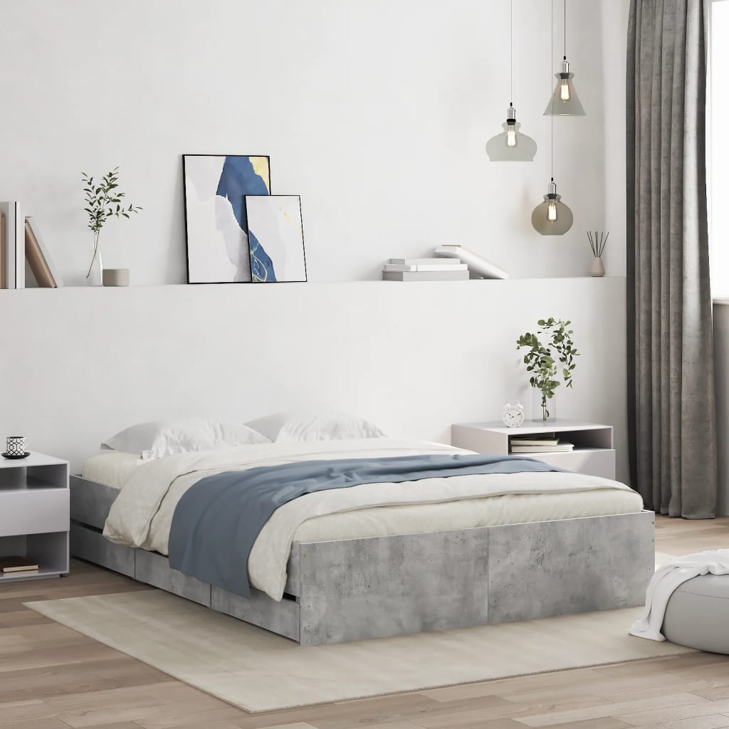 Bedframe met lades bewerkt hout betongrijs 120x190 cm – afbeelding 1