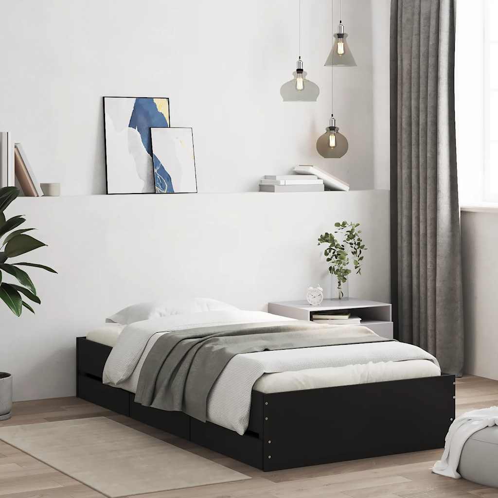 Bedframe met lades bewerkt hout zwart 90x190 cm – afbeelding 1