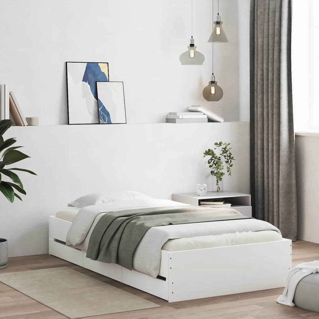 Bedframe met lades bewerkt hout wit 75x190 cm – afbeelding 1