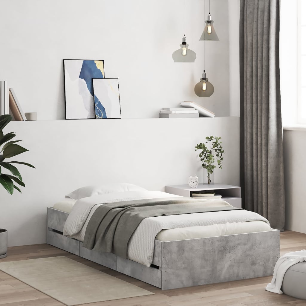 Bedframe met lades bewerkt hout betongrijs 75x190 cm – afbeelding 1