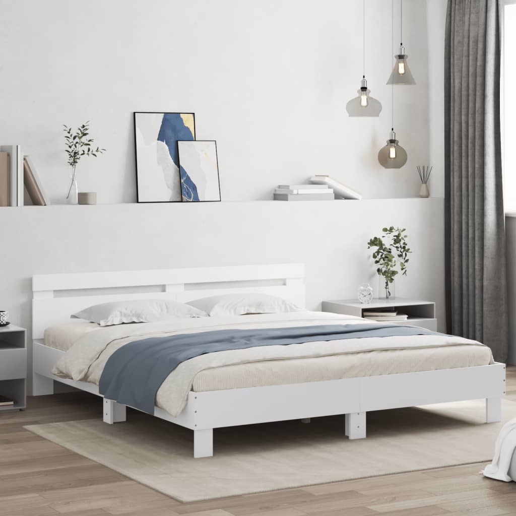 Bedframe met hoofdeinde bewerkt hout wit 200x200 cm – afbeelding 1