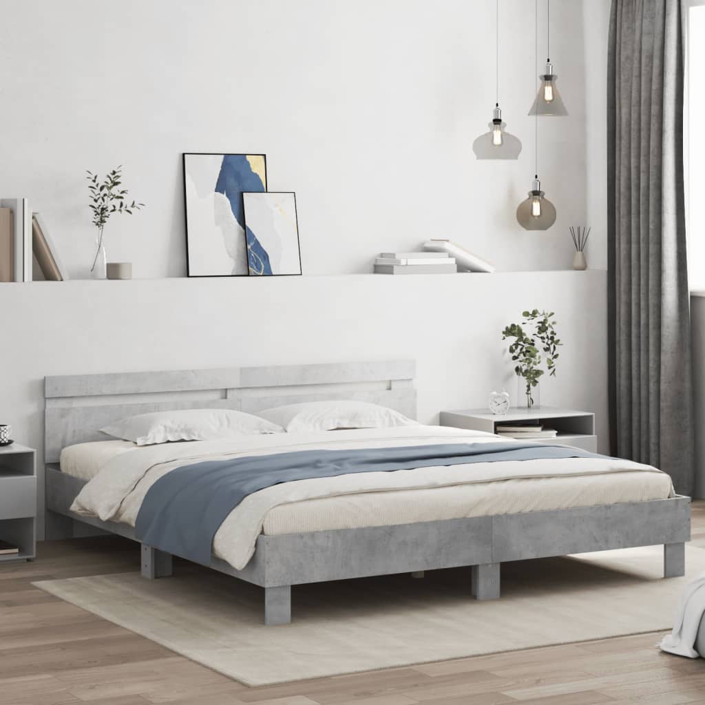 Bedframe met hoofdeinde bewerkt hout betongrijs 200x200 cm – afbeelding 1