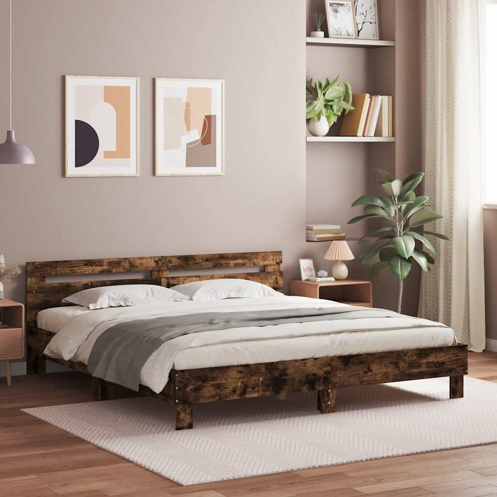 Bedframe met hoofdeinde bewerkt hout gerookt eiken 200x200 cm – afbeelding 1