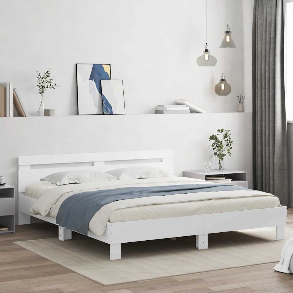 Bedframe met hoofdbord bewerkt hout wit 180x200 cm – afbeelding 1