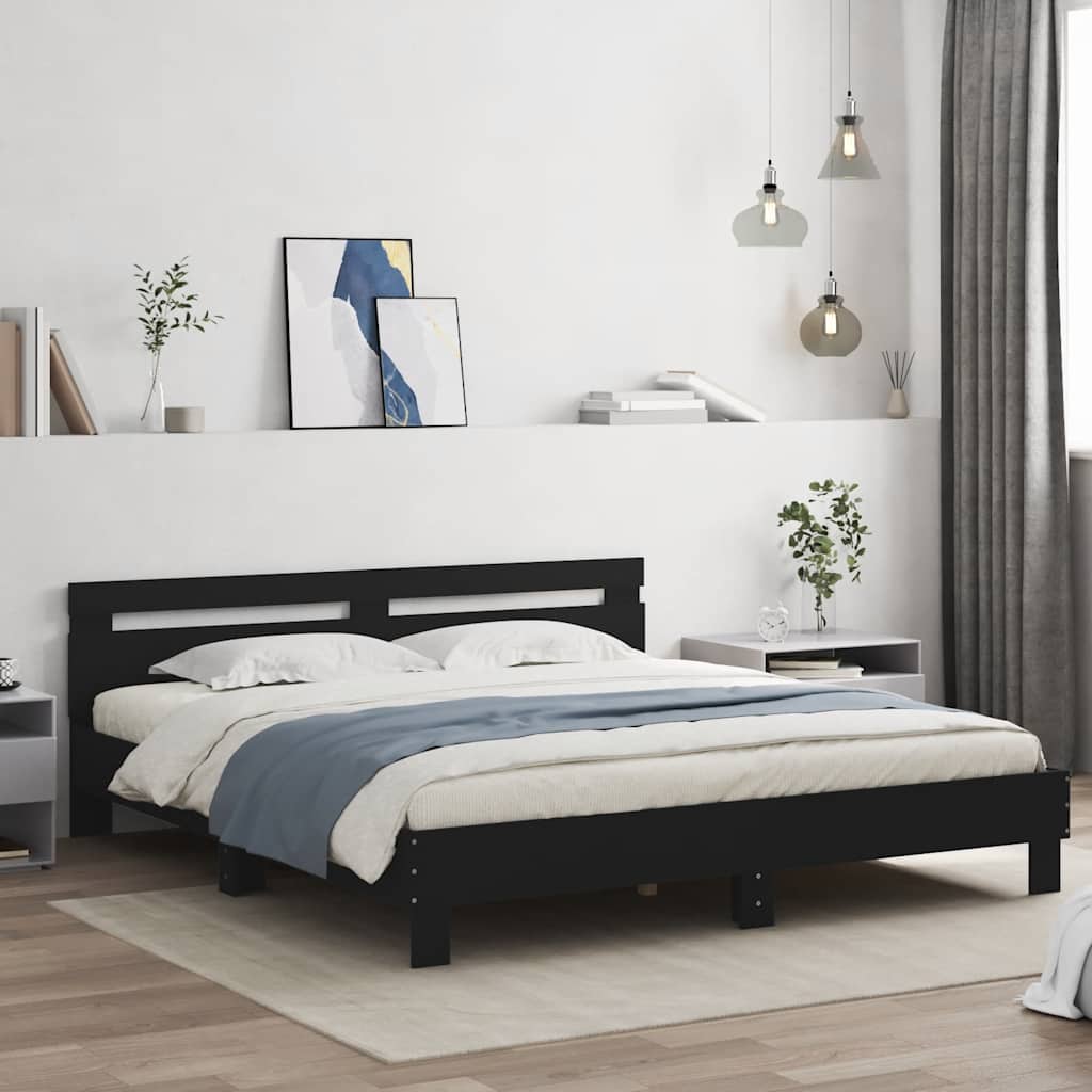 Bedframe met hoofdbord bewerkt hout zwart 180x200 cm – afbeelding 1