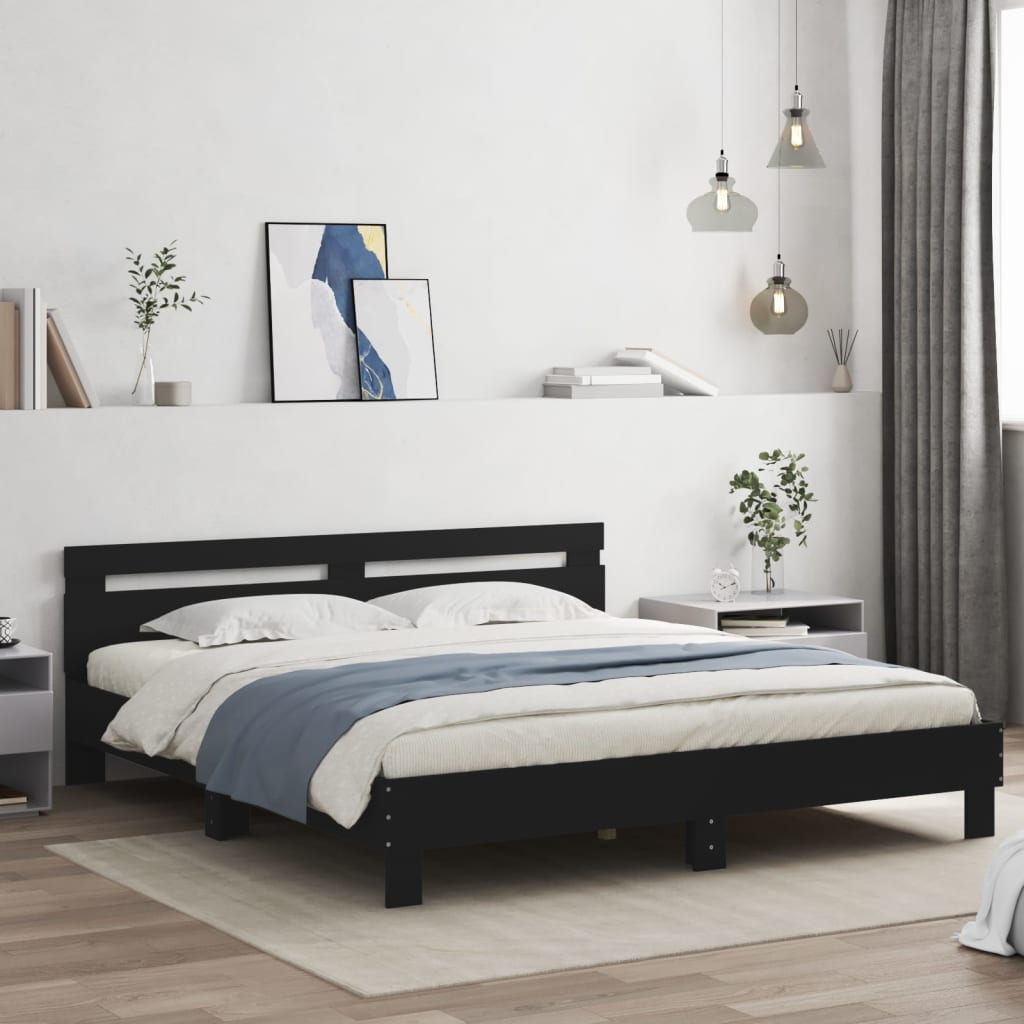 Bedframe met hoofdbord bewerkt hout zwart 160x200 cm – afbeelding 1