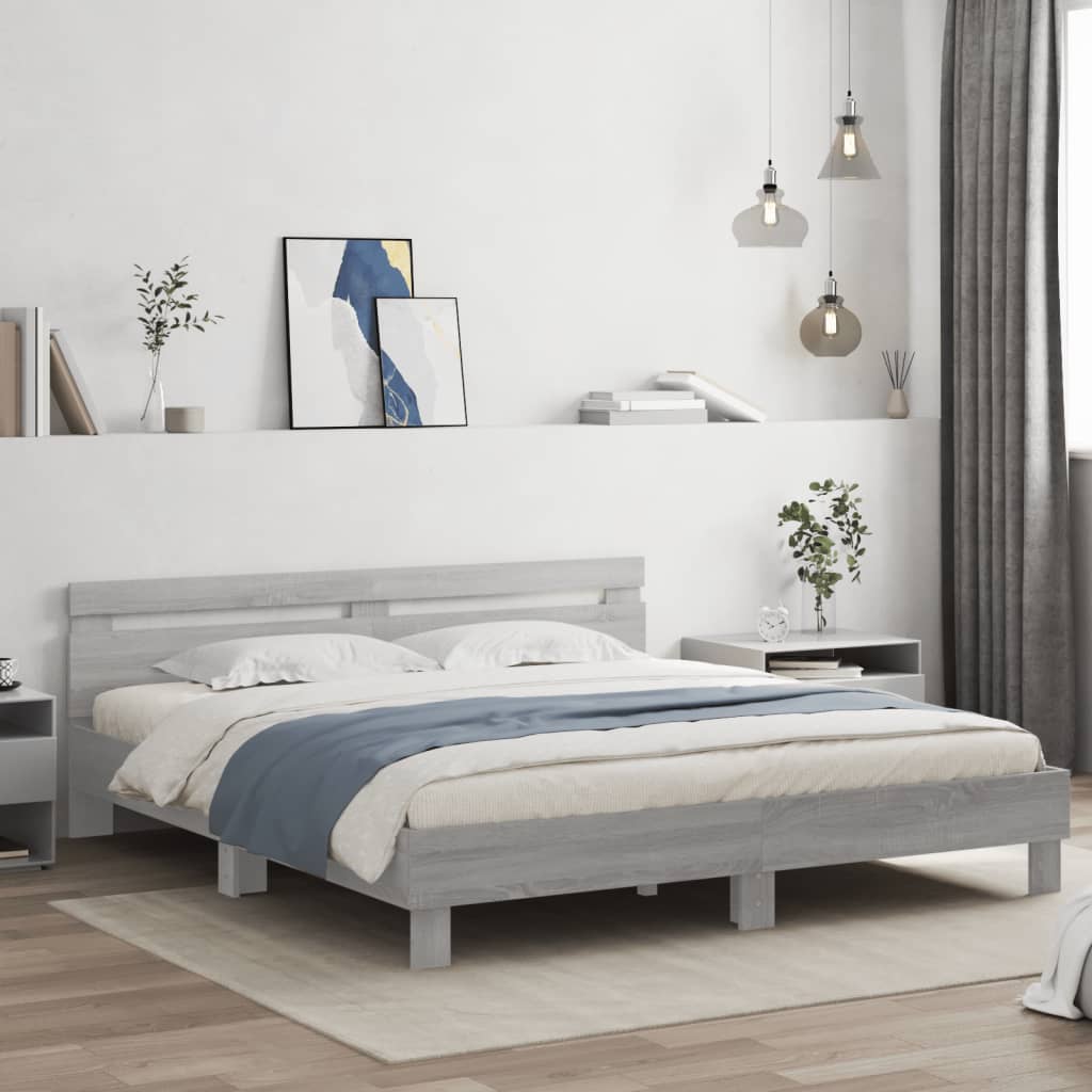 Bedframe met hoofdeinde bewerkt hout grijs sonoma 160x200 cm – afbeelding 1