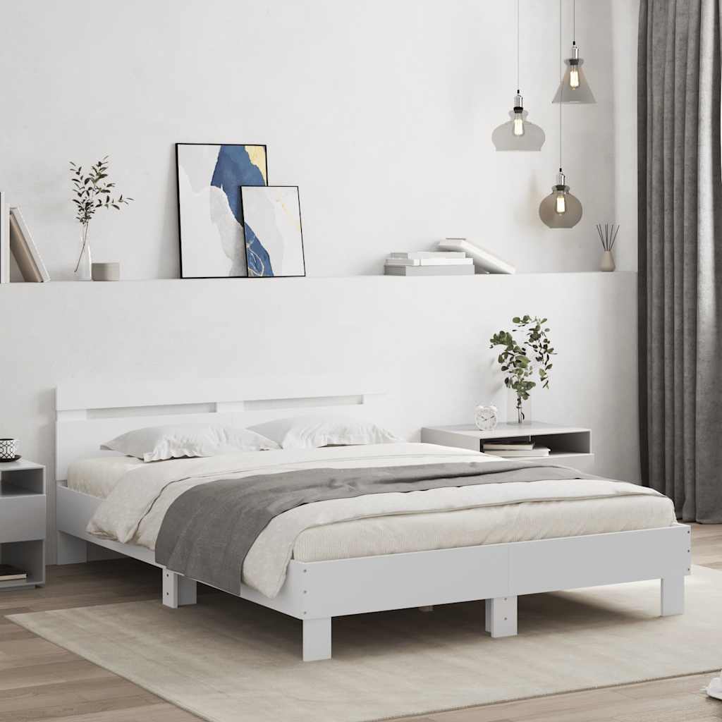 Bedframe met hoofdeinde bewerkt hout wit 150x200 cm – afbeelding 1