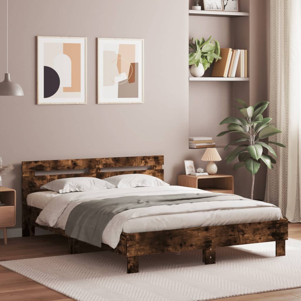 Bedframe met hoofdeinde bewerkt hout gerookt eiken 150x200 cm – afbeelding 1