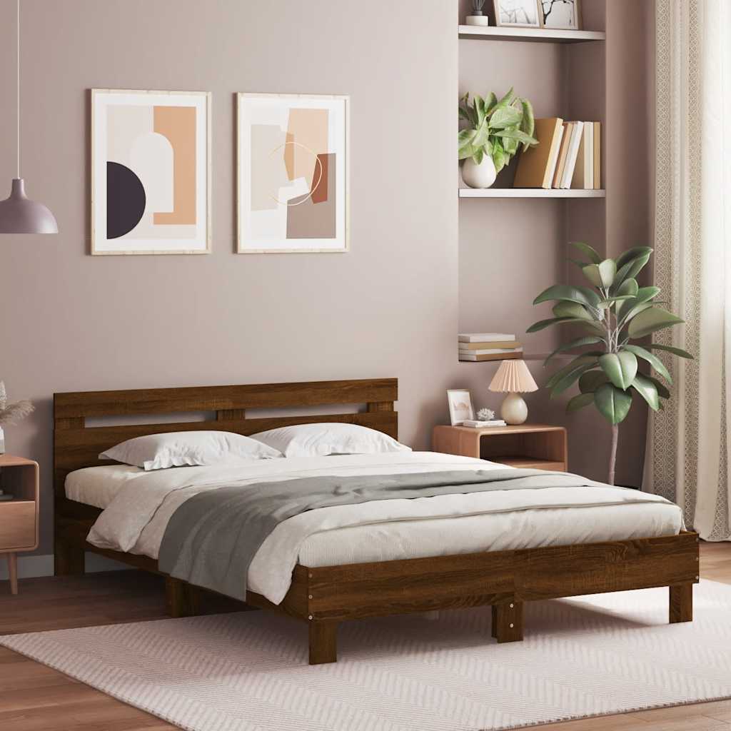 Bedframe met hoofdeinde bewerkt hout bruineikenkleur 140x200 cm – afbeelding 1