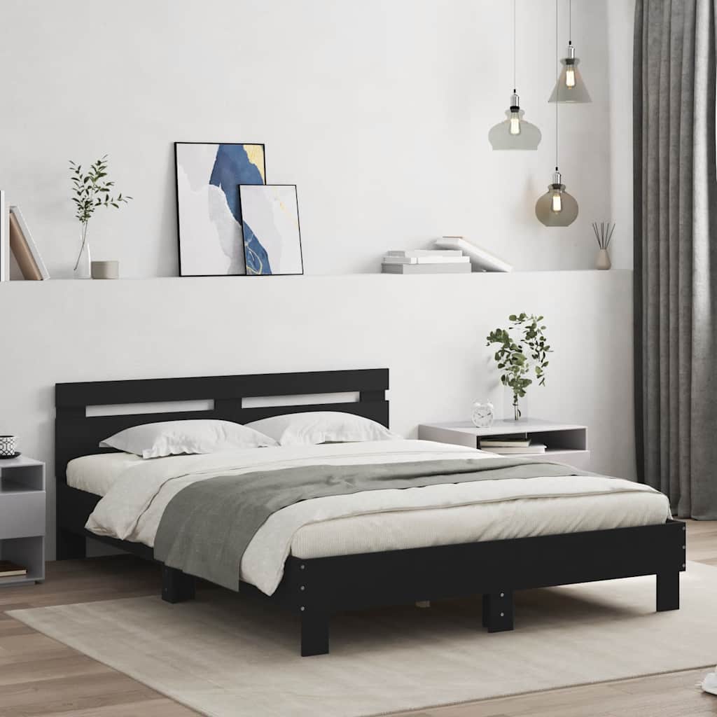Bedframe met hoofdbord bewerkt hout zwart 140x190 cm – afbeelding 1