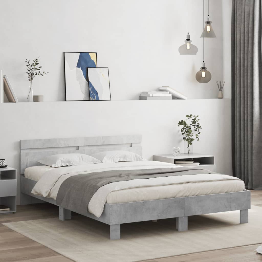 Bedframe met hoofdeinde bewerkt hout betongrijs 140x190 cm – afbeelding 1