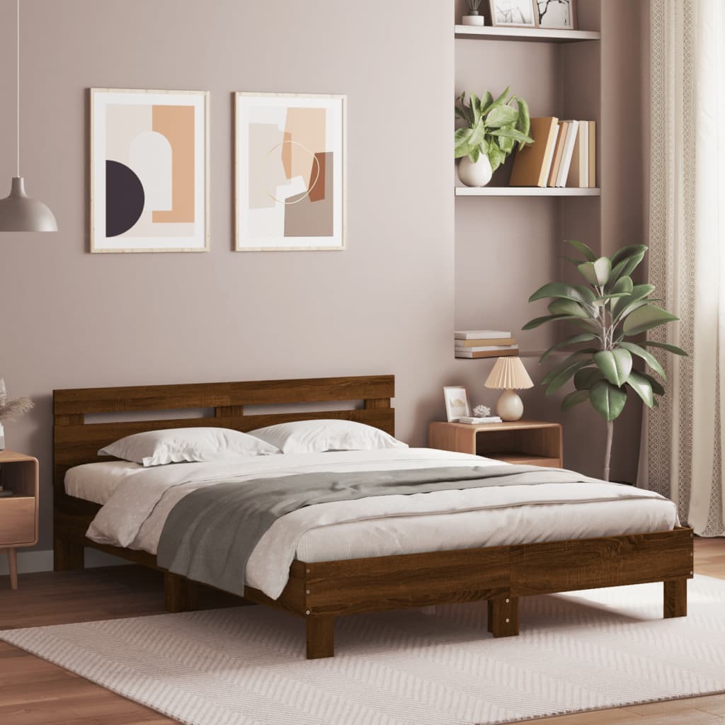 Bedframe met hoofdeinde bewerkt hout bruineikenkleur 140x190 cm – afbeelding 1