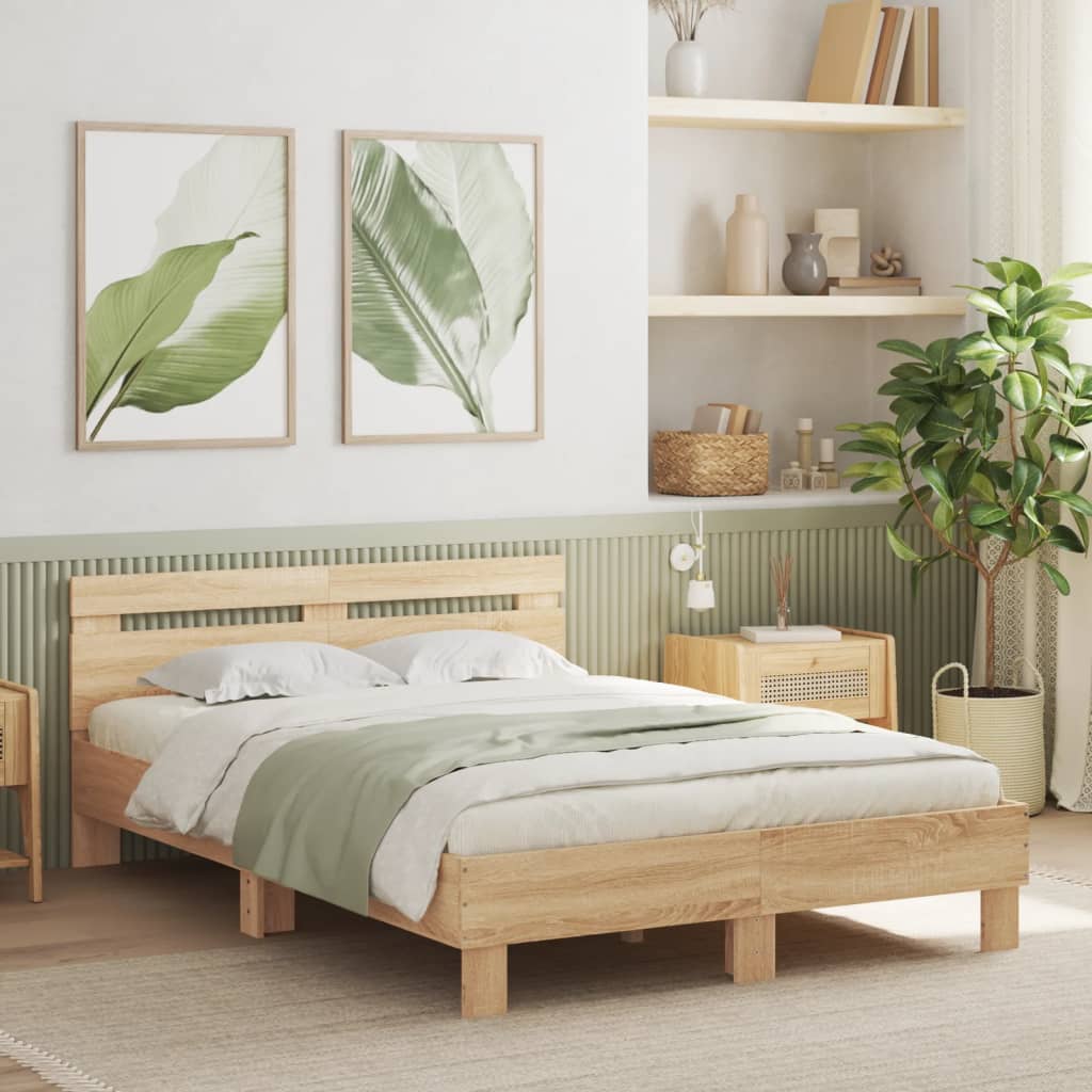 Bedframe met hoofdeinde bewerkt hout sonoma eiken 135x190 cm – afbeelding 1