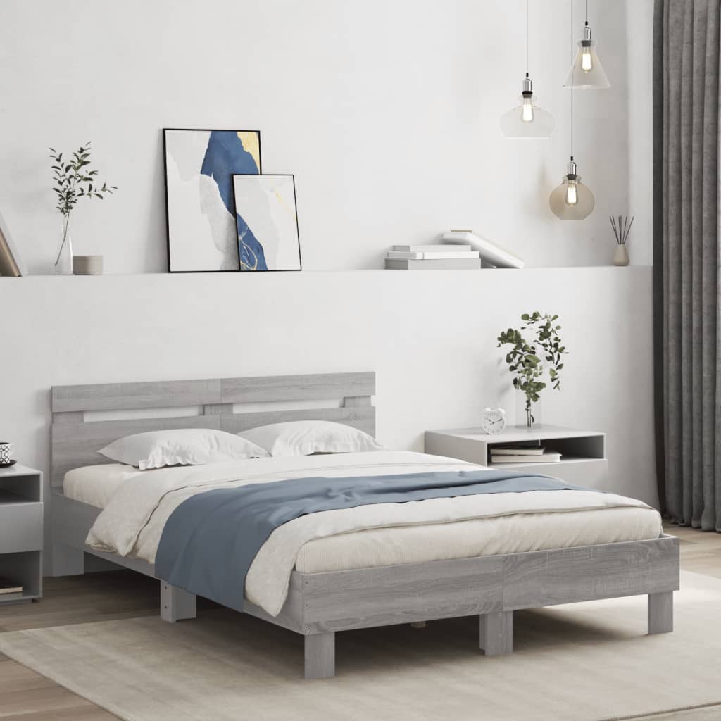 Bedframe met hoofdeinde grijs sonoma eiken 135x190 cm – afbeelding 1